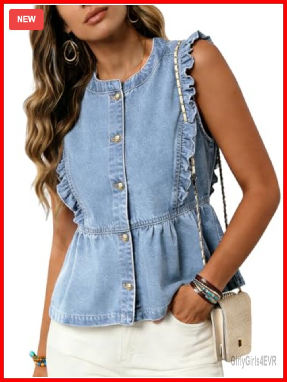Ruffle Denim Vest Button Down Sleeveless Jean Top